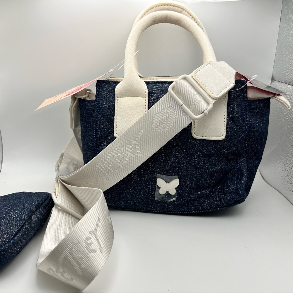 Betsey Johnson Denim Blue and White Crossbody Bag with Butterfly Accent